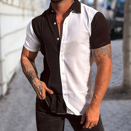 

Men's Shirt Patchwork Turndown Black / White Outdoor Street Short Sleeve Button-Down Clothing Apparel Fashion Casual Breathable Comfortable / Summer / Spring / Summer