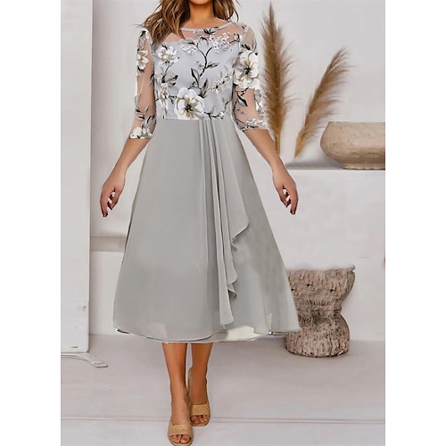 

Women's A Line Dress Party Dress Midi Dress Gray Half Sleeve Floral Mesh Print Fall Spring Crew Neck Elegant Casual 2022 S M L XL XXL 3XL