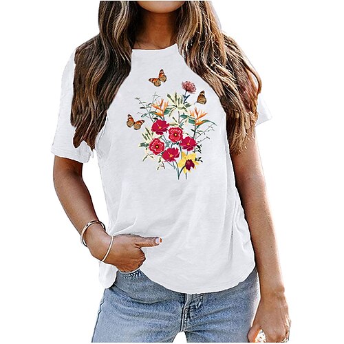 

Women's Daily Going out Weekend Butterfly T shirt Tee Butterfly Rose Letter Short Sleeve Print Round Neck Basic Tops 100% Cotton Green White Black S