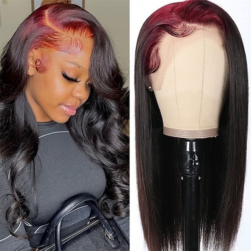 

Skunk Stripe Hair 99J Root 13X4 Lace Front Wigs Human Hair Straight Colored Wig With Red Root 10A 99J/1B Lace Front Wigs Burgundy Wine Red Silky Straight Transparent Lace Wig