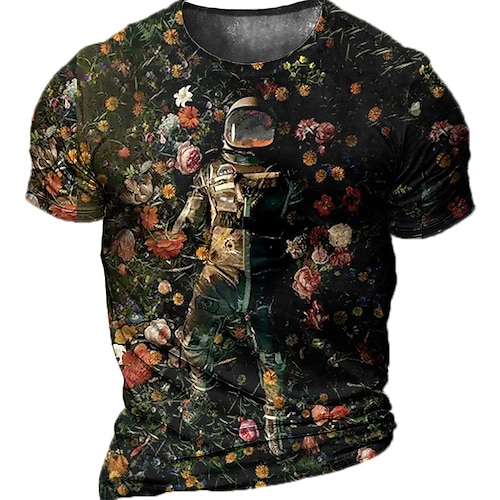 

Men's Unisex T shirt Tee 3D Print Floral Graphic Prints Astronaut Crew Neck Street Daily Print Short Sleeve Tops Casual Designer Big and Tall Sports Dark Green