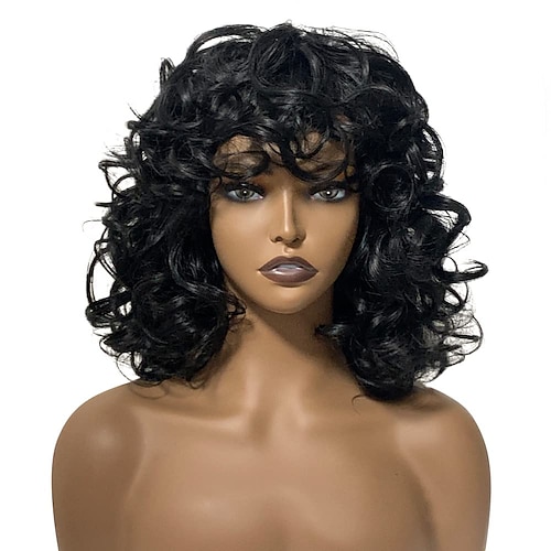

Short Curly Afro Wig for Black Women Kinky Curly Wavy with Bangs Big Bouncy Afro Black Wigs Synthetic Hair Fashion Natural Looking