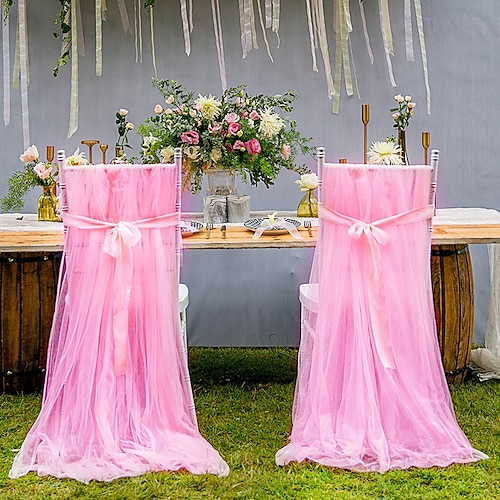 

Tulle Chair Cover Long Bow Ties Mesh Fluffy Tutu Chair Skirt Slipcovers for Bridal Shower Wedding Baby Shower Party Decor