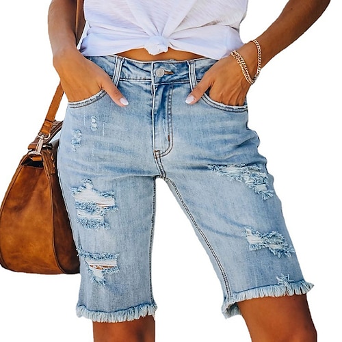 

Dame Jeans Shorts Denimstoff Blå Lyseblå Medium Midje Mote Avslappet Helg Dusk Sidelommer Mikroelastisk Knelengde Komfort عادي S M L XL XXL / Utskjæring