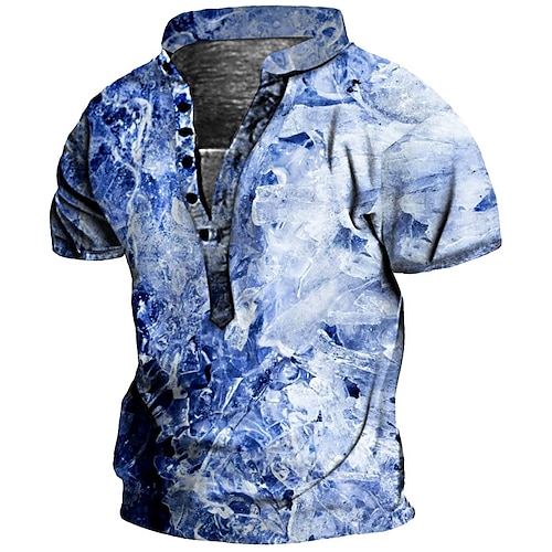 

Men's Henley Shirt Tee T shirt Tee 3D Print Graphic Ice cube Plus Size Stand Collar Daily Sports Button-Down Print Short Sleeve Tops Basic Casual Designer Big and Tall Blue