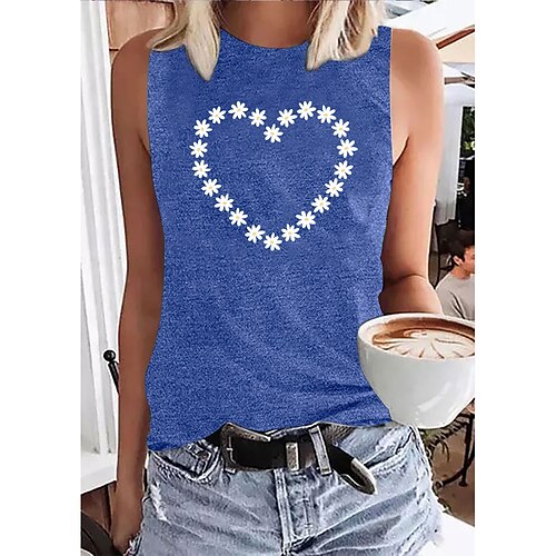 

Women's Daily Holiday Going out Tank Top Graphic Heart Daisy Sleeveless Print Round Neck Basic Tops Blue Purple Pink S