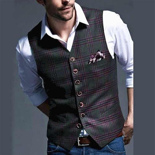 

Men's Vest Waistcoat Dailywear British Plaid Single Breasted Regular Fit Polyester Men's Suit Light Blue - Shirt Collar