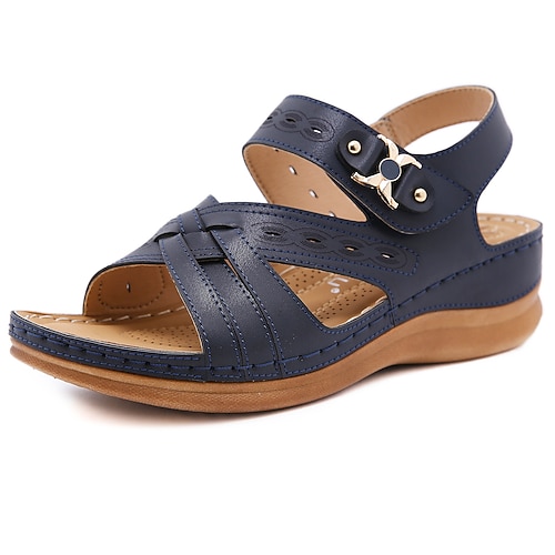 

Women's Sandals Comfort Shoes Wedge Heel Round Toe Open Toe Elegant Casual Daily Office Walking Shoes PU Leather Loafer Spring Summer Solid Colored Almond Brown Blue