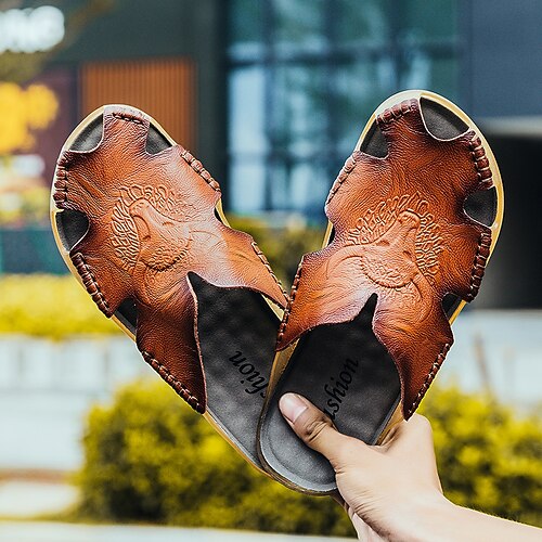 

Men's Sandals Clogs Mules Casual Classic Beach Daily Beach Cowhide Dark Brown Black Summer