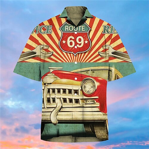 

Men's Shirt Print Car Letter Turndown Street Casual Button-Down Print Short Sleeve Tops Casual Vintage Designer Hawaiian Yellow