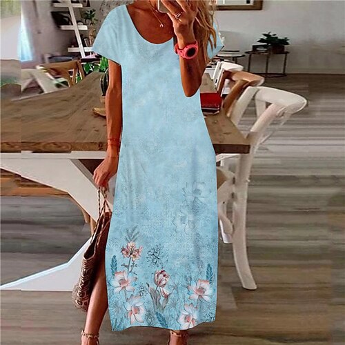 

Women's Shift Dress Maxi long Dress Blue Short Sleeve Color Gradient Split Print Spring Summer V Neck Casual Vacation 2022 S M L XL XXL 3XL