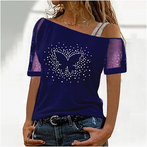 

Women's Shirt Graphic Butterfly Patchwork Print Off Shoulder Casual Tops Green Blue Black