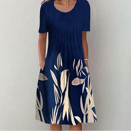 

Women's A Line Dress Knee Length Dress Navy Blue Short Sleeve Floral Ruched Print Spring Summer Crew Neck Basic Essential Casual Classic 2022 S M L XL XXL 3XL