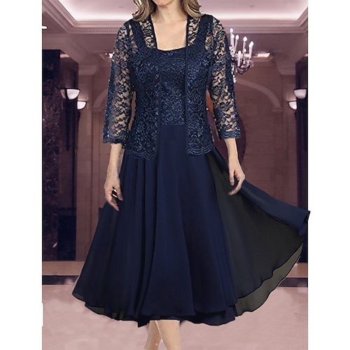 

Women's Party Dress Lace Dress Dress Set Midi Dress Navy Blue 3/4 Length Sleeve Pure Color Lace Winter Fall Autumn U Neck 2022 S M L XL XXL 3XL