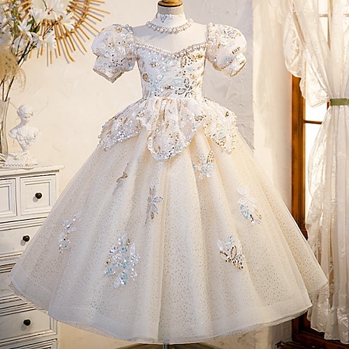 

kinderkleidung Mädchen Kleid Pailletten A Linie Kleid Maxi Kleid Leistung Gefaltet Kurzarm Kuschelig Kleid 3-12 Jahre Frühling Weiß