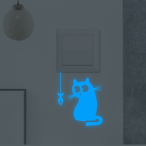 

Light Switch Stickers Cartoon Little Fish kitty Blue Green Pink Luminous Wall Stickers Switch Wall Decal Glow In The Dark Cat Room Decor Kitchen Sticker Baby Room Wall Decorations