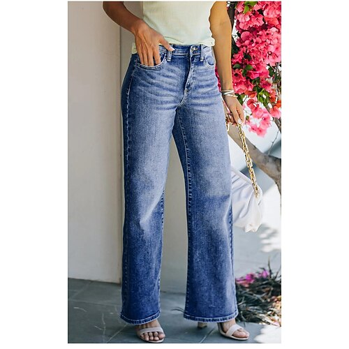 

Women's Pants Trousers Jeans Straight Denim Blue Black Mid Waist Fashion Casual Weekend Side Pockets Micro-elastic Full Length Comfort Plain S M L XL XXL