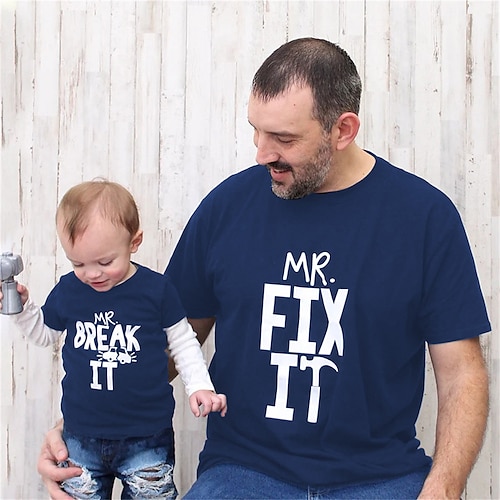 

Dad and Son T shirt Tops Graphic Letter Daily Print Blue Short Sleeve Daily Matching Outfits / Spring / Summer / Casual