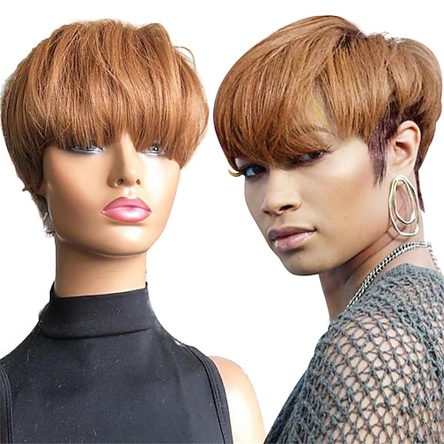 

Honey Blonde Color Short Bob Pixie Cut Natural Straight Wavy Straight Human Hair Wig With Bangs For Black Women Remy Hair