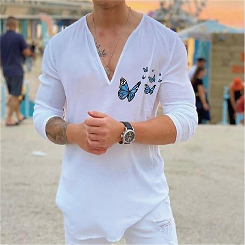 

Men's Shirt Hot Stamping Graphic Butterfly V Neck Street Casual Print Long Sleeve Tops Casual Fashion Designer Big and Tall White Black
