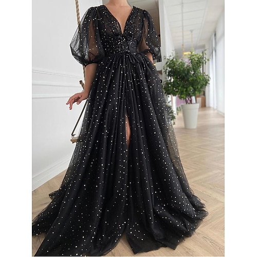

A-Line Glittering Elegant Wedding Guest Prom Dress V Neck V Back Half Sleeve Court Train Tulle with Bow(s) Sequin Slit 2022