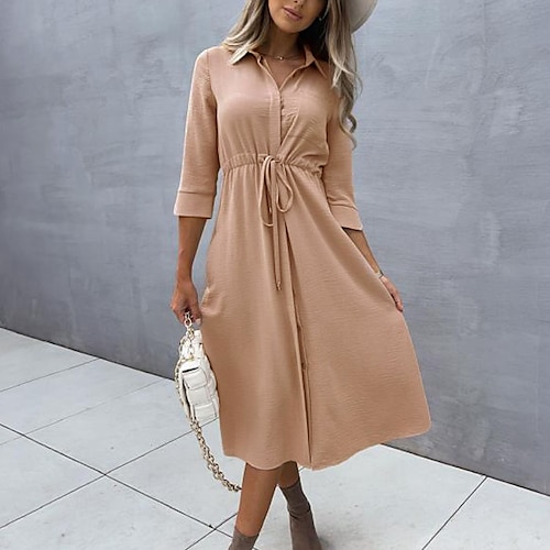 

Women's Shirt Dress Midi Dress Green Black Pink 3/4 Length Sleeve Pure Color Lace up Winter Fall Autumn Shirt Collar S M L XL XXL