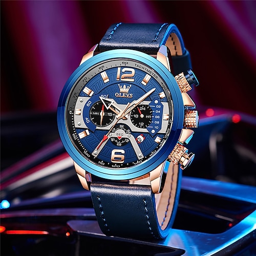 

OLEVS Quartz Watch for Men Analog Quartz Oversize Stylish Waterproof Chronograph Noctilucent Alloy Genuine Leather Creative