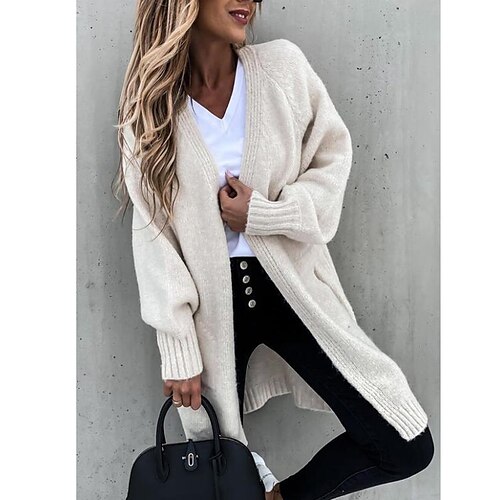 

Women's Cardigan Sweater Jumper Knit Tunic Knitted Thin Solid Color Open Front Casual Daily Holiday Winter Fall Navy Blue Beige S M L / Long Sleeve / Loose Fit