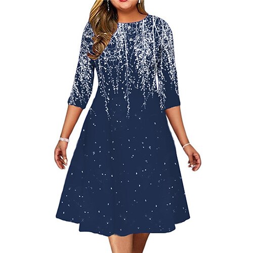 

Women's Plus Size Holiday Dress Floral Crew Neck Print 3/4 Length Sleeve Fall Spring Work Midi Dress Daily Vacation Dress