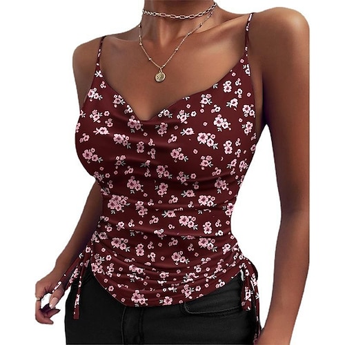 

2022 foreign trade european and american summer leopard print suspenders solid color deep v-neck suspenders tight drawstring casual small vest t-shirt women