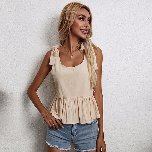 

Women's Holiday Weekend Tank Top Camis Plain Sleeveless Lace up Ruffle U Neck Casual Streetwear Tops Beige S