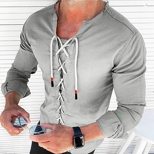 

Men's Shirt Solid Color Collarless Green White Black Outdoor Street Long Sleeve Drawstring Clothing Apparel Fashion Casual Breathable Comfortable