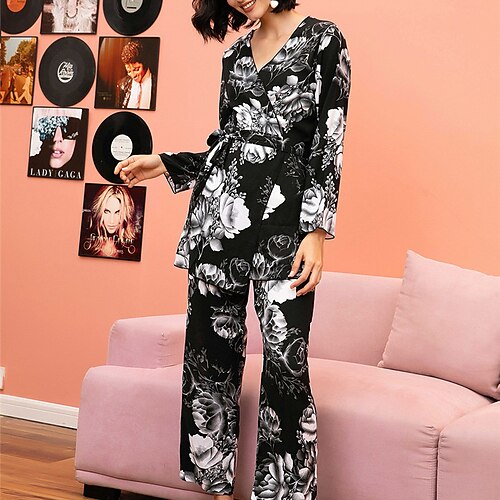 

Women's Pajamas Sets Nighty 3 Pieces Flower Fashion Comfort Home Daily Polyester Straps Sleeveless Shirt Pant Spring Summer Black Red