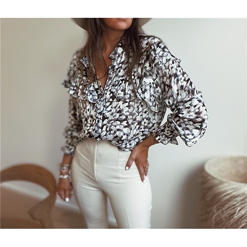 

Women's Blouse Shirt Leopard Ruffle Button Print Standing Collar Casual Streetwear Tops Black / 3D Print