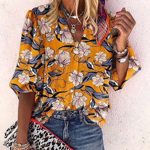 

Women's Holiday Weekend Floral Blouse Shirt Floral Long Sleeve Button Print Standing Collar Casual Streetwear Tops Yellow S / 3D Print