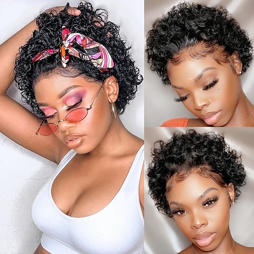 

Pixie Cut Wig Short Curly Human Hair Wigs Cheap Human Hair Wig 13X1 Transparent Lace Wig Lace Front Wig Free Part Brazilian Hair Deep Curly For Women