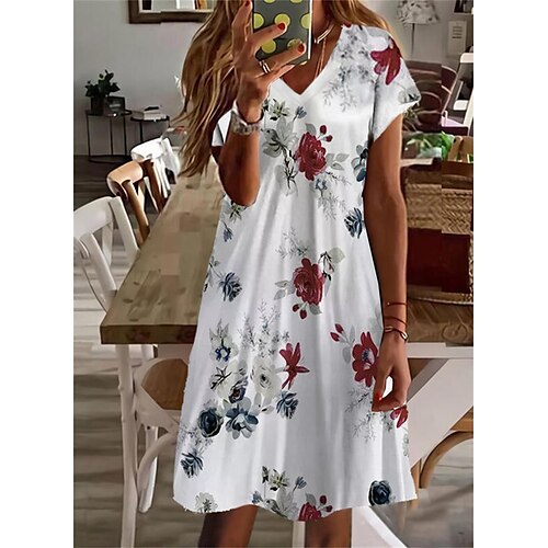 

Robe mi-longue Femme Robe casual Manche Courte Printemps Eté - à la mode Casual Imprimer Floral Col V Ample 2023 Boom Vente Robe Blanche S M L XL XXL 3XL