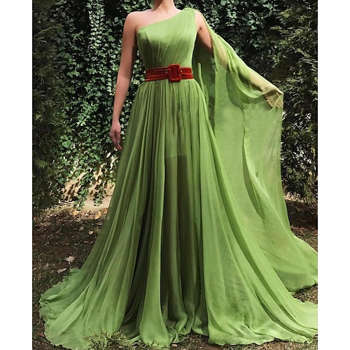 

A-Line Prom Dresses Empire Dress Engagement Court Train Sleeveless One Shoulder Chiffon with Sash / Ribbon Draping 2022