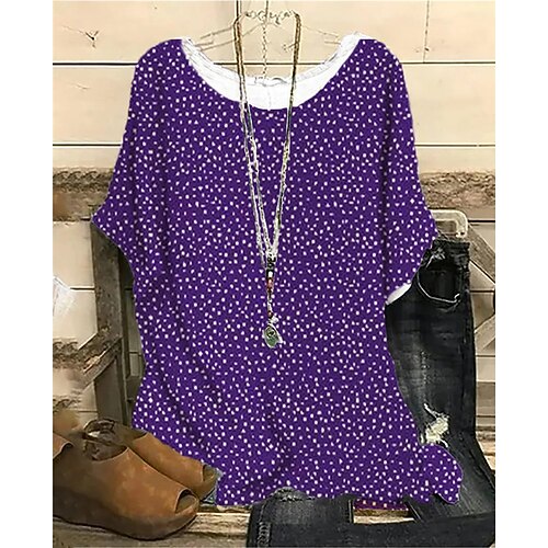 

Women's Plus Size Tops Blouse Shirt Polka Dot Print Short Sleeve Crewneck Streetwear Daily Sports Cotton Spandex Jersey Spring Summer White Black