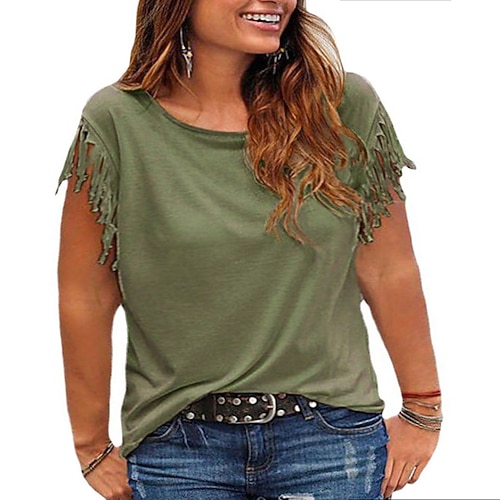 

Women's Plus Size Tops T shirt Tee Plain Tassel Short Sleeve Round Neck Streetwear Preppy Daily Vacation Cotton Spring Summer Pink Red