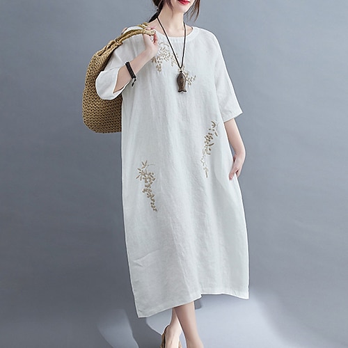 

Women's Casual Dress Shift Dress Swing Dress Midi Dress Red Navy Blue White 3/4 Length Sleeve Floral Embroidered Fall Spring Autumn Crew Neck Loose Fit Linen M L XL XXL