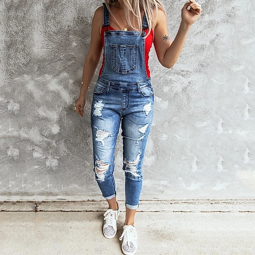 

Women's Jumpsuit Backless Ripped Solid Color Square Neck Streetwear Street Going out Regular Fit Sleeveless Light Blue S M L Spring