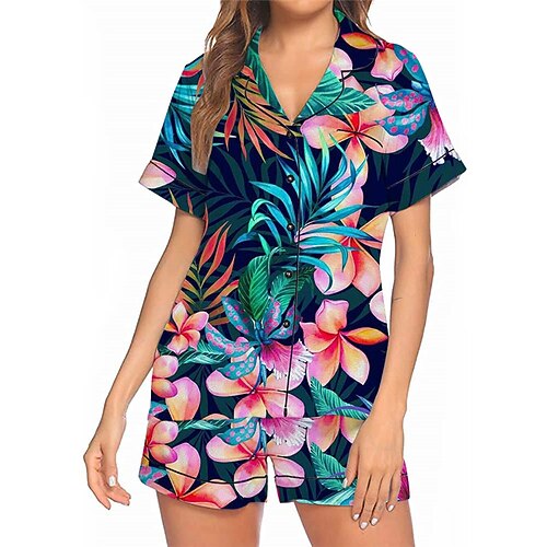

Women's Pajamas Sets Nighty Flower Fashion Comfort Home Bed Polyester Lapel Short Sleeve Shirt Shorts Button Spring Summer Green Black / Buckle