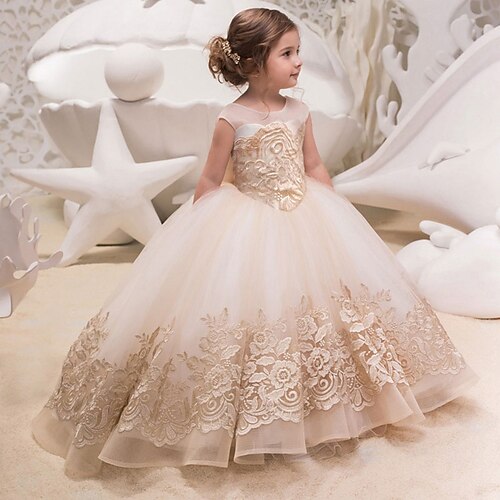 

Wedding Party Princess Flower Girl Dresses Jewel Neck Sweep / Brush Train Lace Tulle Spring Summer with Bow(s) Appliques Cute Girls' Party Dress Fit 3-16 Years