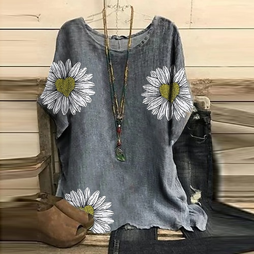 

Mujer Camisa Blusa campesina Gris Foco Multicolor Retazos Estampado Manga Corta Diario Vintage Étnico Escote Redondo Regular S