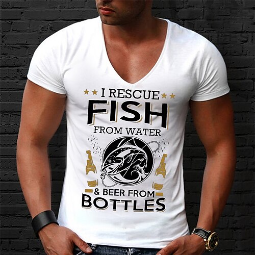 

Men's Unisex T shirt Hot Stamping Graphic Prints Fish Letter V Neck Street Daily Print Short Sleeve Tops Casual Designer Big and Tall Sports Blue White Gray