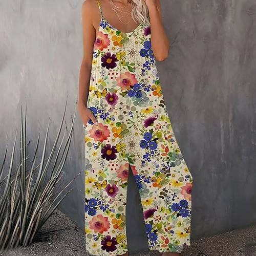 

Women's Jumpsuit Backless Pocket Floral V Neck Casual Holiday Weekend Regular Fit Spaghetti Strap Green Blue Light Green S M L Spring / Print