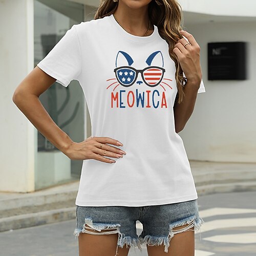 

Women's Cat T shirt Cat Graphic Letter Print Round Neck Basic Tops Green Blue White
