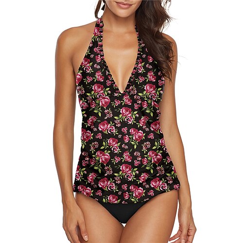 

Damen Badeanzug Tankini 2 Stück Normal Bademode Rückenfrei Print Blumen Schwarz Rote V-Wire Ausschnitt Badeanzüge neu Urlaub Modisch / Modern / Gepolsterte BHs