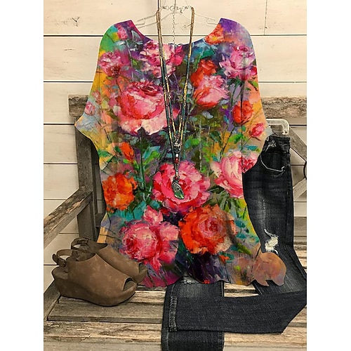 

Women's Casual Holiday Weekend Floral Blouse Henley Shirt Shirt Floral Short Sleeve Print Round Neck Casual Streetwear Tops Green Pink Yellow S / 3D Print